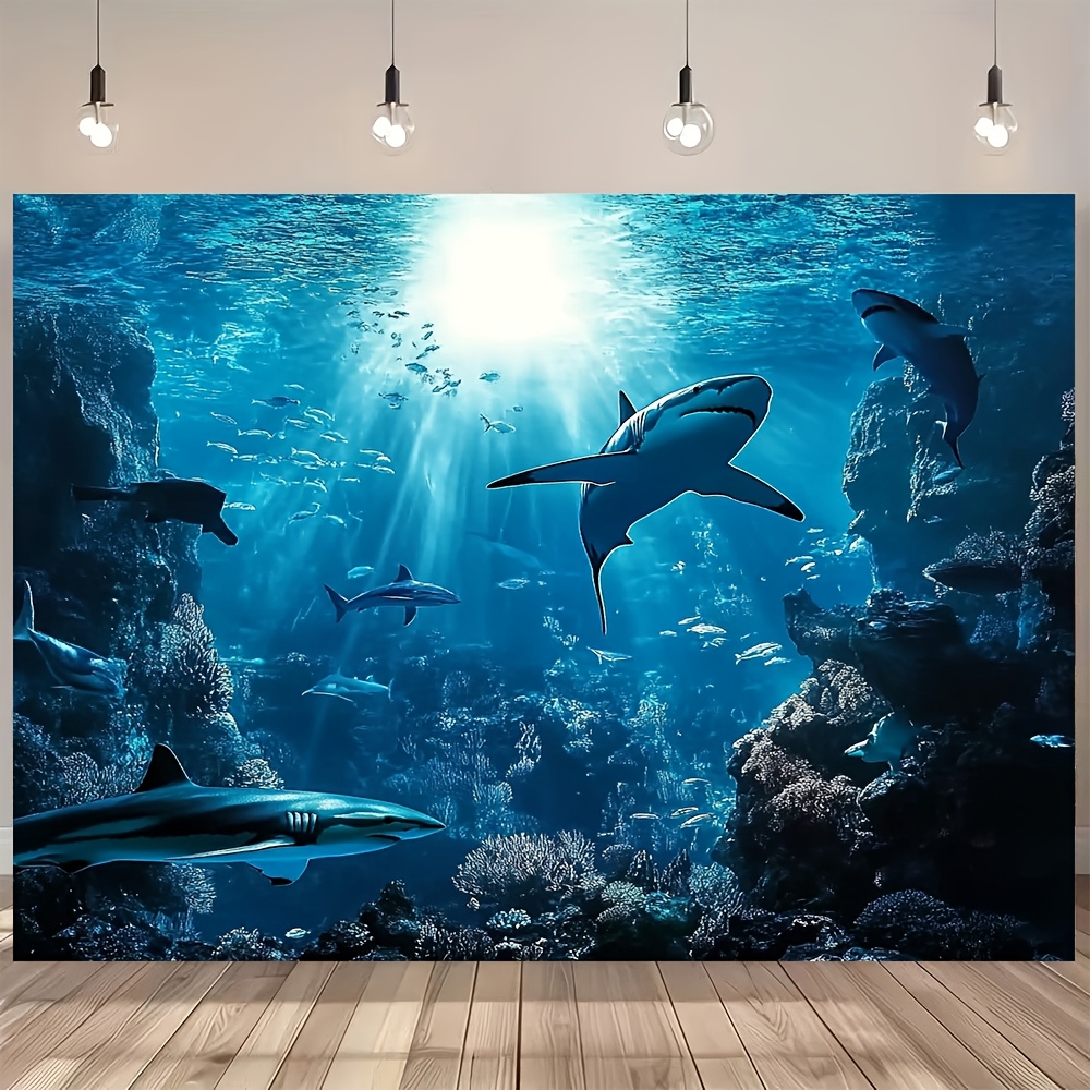 Aquarium Marine Blue - พรมแขวนผนังลายฉลามทะเลลึกสุดงดงาม สีฟ้ามหาสมุทร ชีวิตใต้ทะเล ตู้ปลา ทรอปิคอล ตกแต่งบ้านสไตล์ทะเล